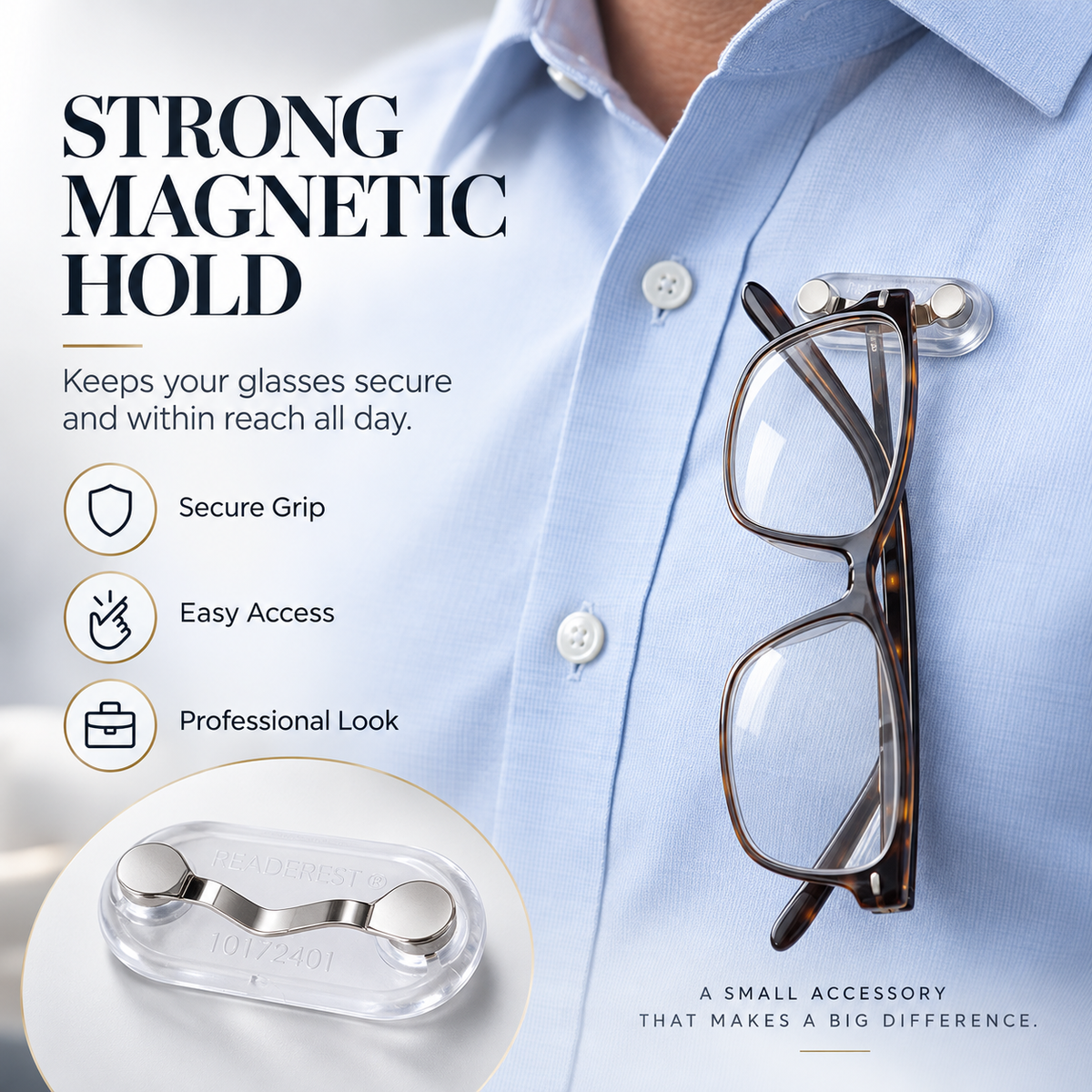 Magnetic Glasses Holder - Premium Strength Magnetic Hold - Fits All Frames