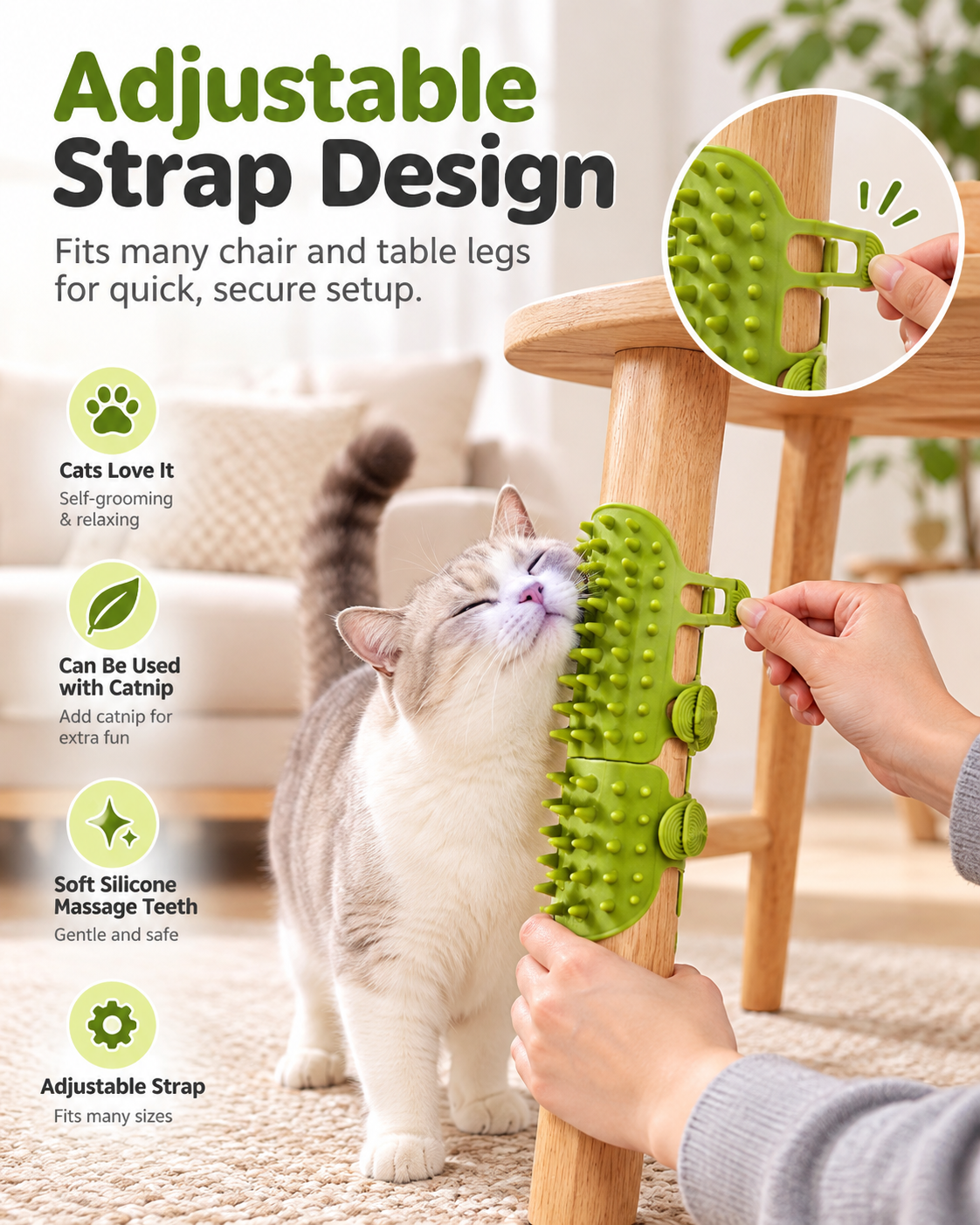 "Say goodbye to cat hair with this self-cleaning grooming comb! Keep your furry friend happy and your home hair-free. Perfect for scratching and rubbing. Get yours now!
