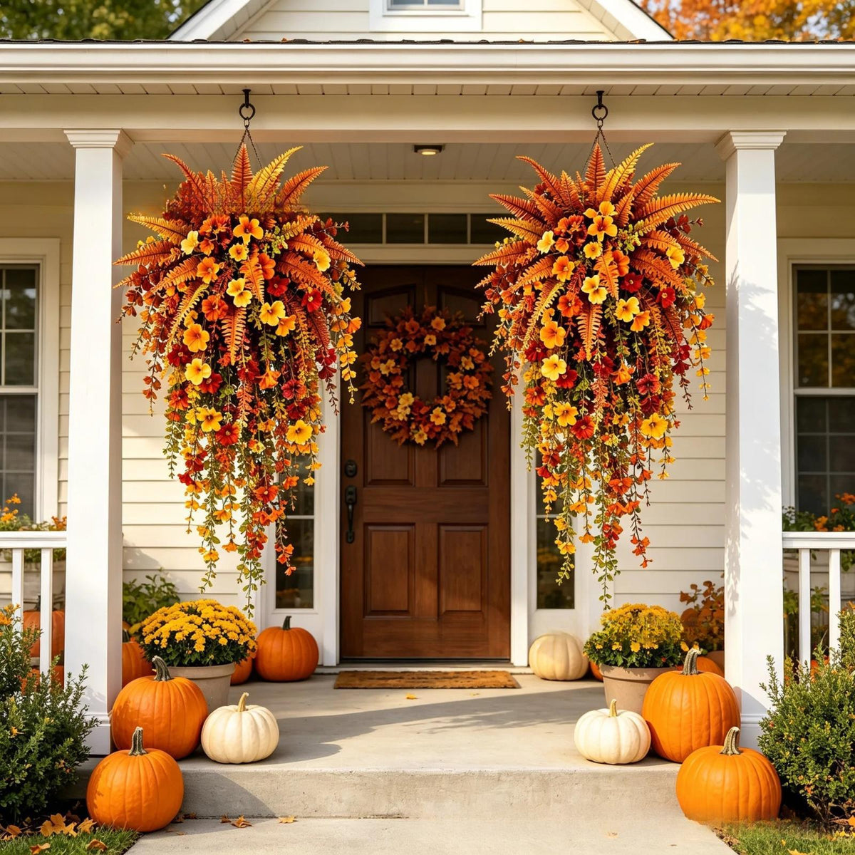 UV-resistant artificial Boston fern plant, realistic large outdoor hanging autumn faux plant, lifelike autumn fern for fall porch decor