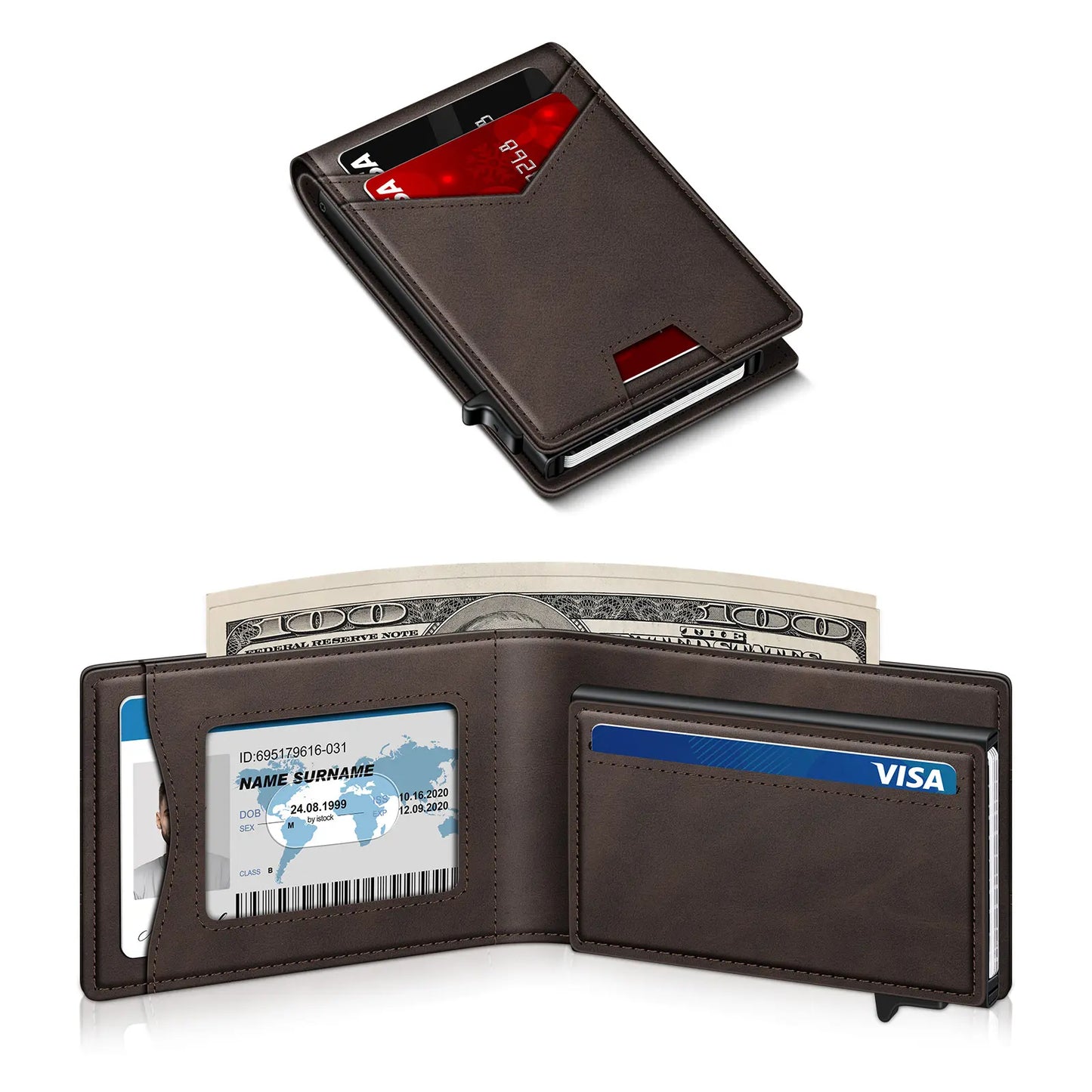 Men's RFID Minimalist Bifold Wallet - 1 ID Window, Pop‑Up Card Holder, Money Clip