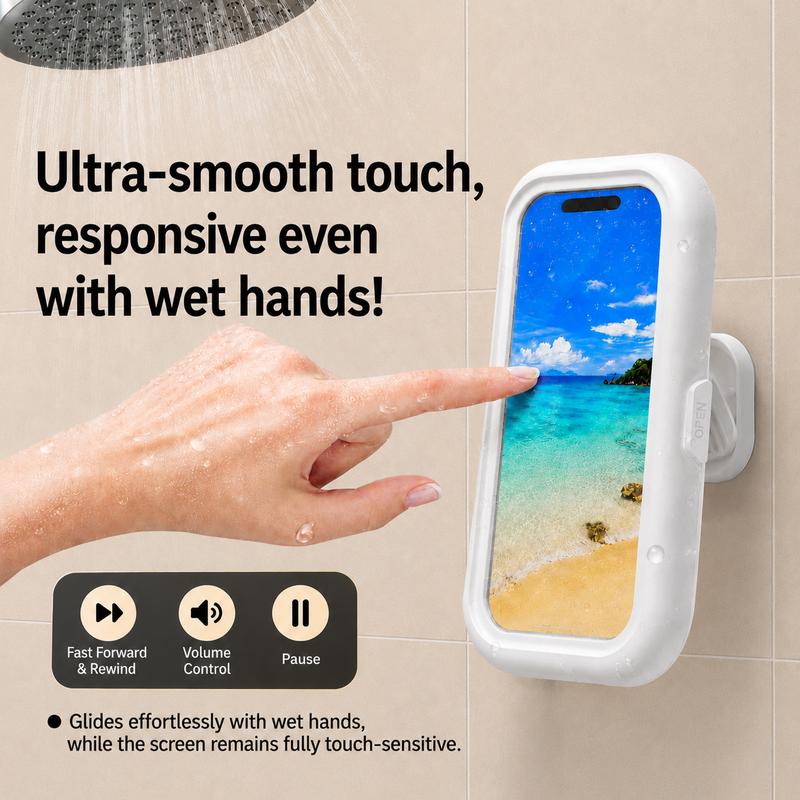 Waterproof Shower Phone Holder for Bathrooms, 360° Smooth Rotation, Anti-Fog Case, Responsive Full HD Touchscreen
