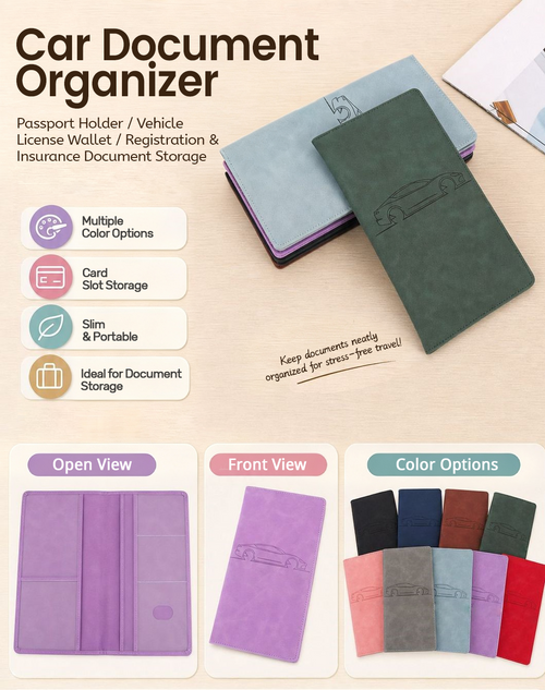 Car Registration & Insurance Card Holder, Magnetic Closure Vehicle Organizer, Car Essential Document Wallet