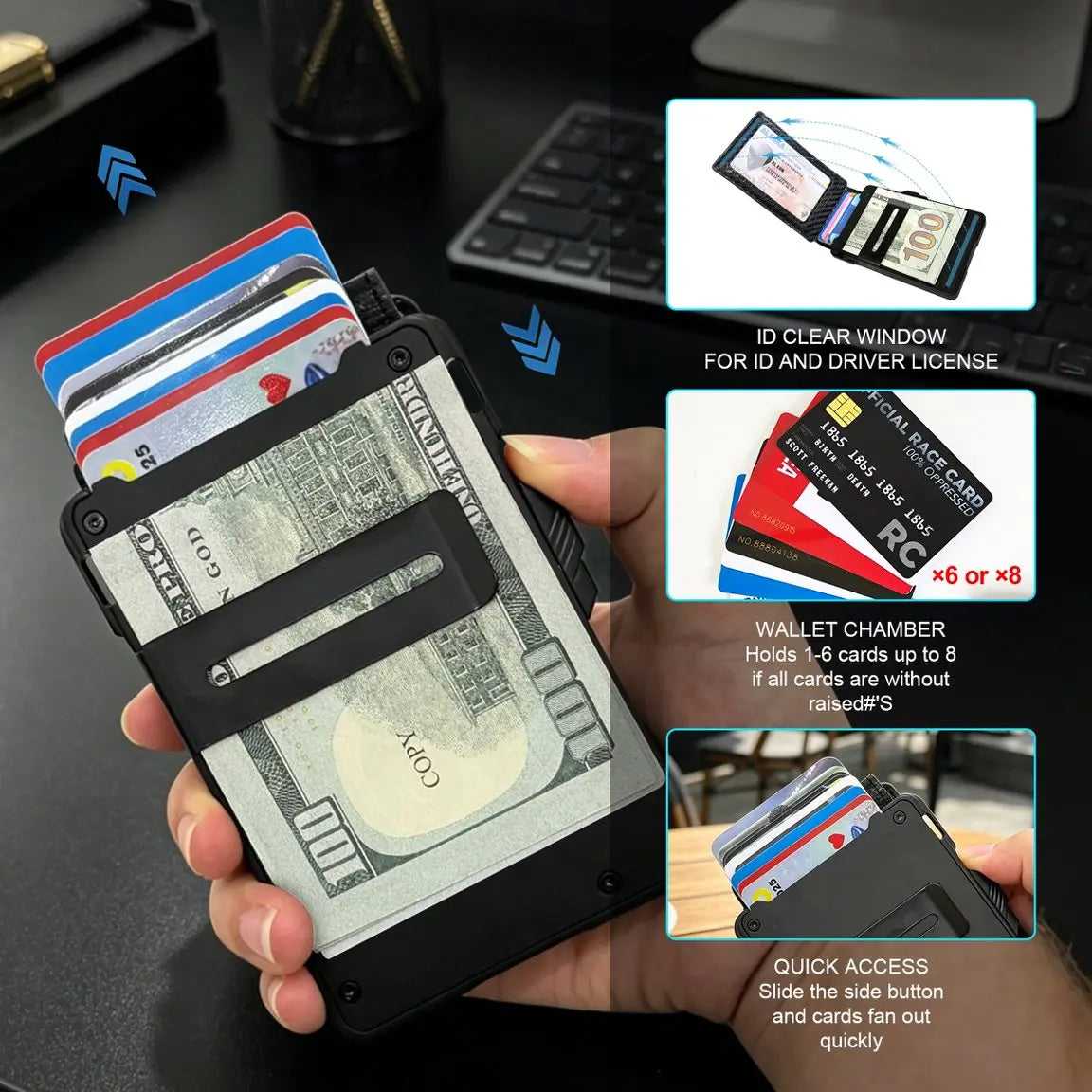 Men's RFID Minimalist Bifold Wallet - 1 ID Window, Pop‑Up Card Holder, Money Clip