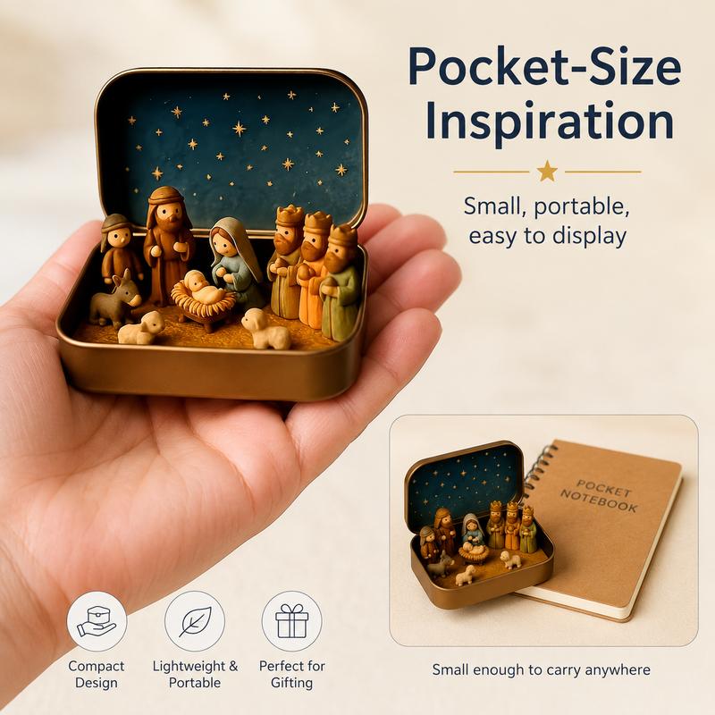 Religious Pocket-Size Mini Nativity Scene Set with Storage Box, Hand-Painted Plastic Figurines