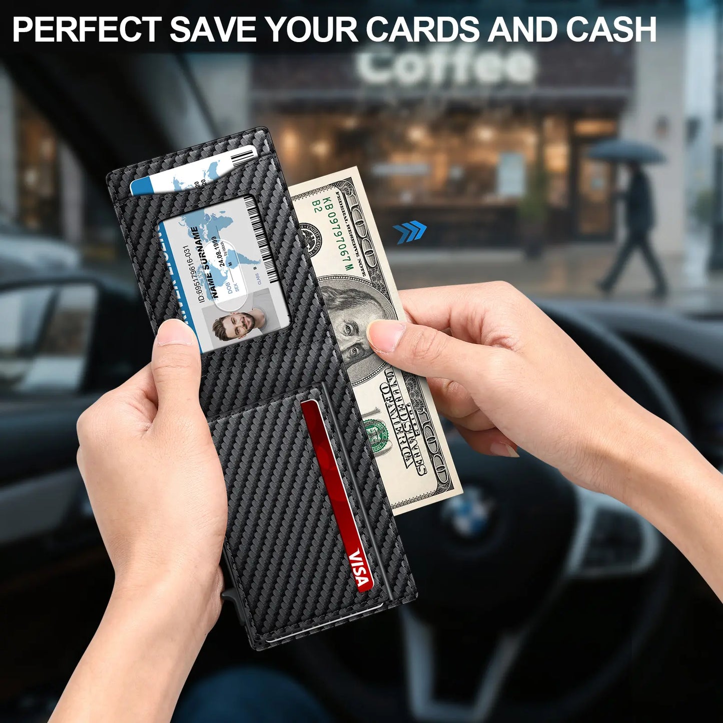Men's RFID Minimalist Bifold Wallet - 1 ID Window, Pop‑Up Card Holder, Money Clip