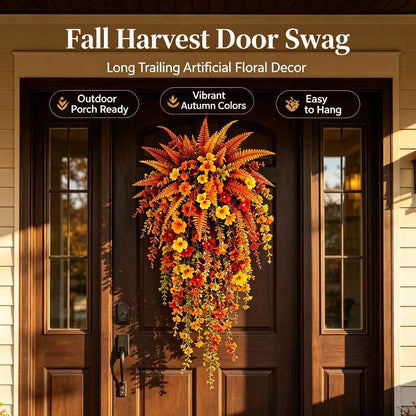 UV-resistant artificial Boston fern plant, realistic large outdoor hanging autumn faux plant, lifelike autumn fern for fall porch decor