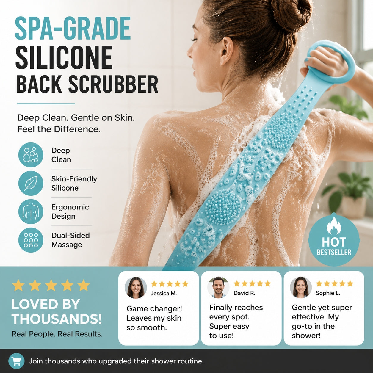 🧽 Back Silicone Scrubber – SPA-Grade & Double-Sided Massage Design – For Softer Skin & Easier Shower Routines – Extra Long Reach 💆‍♀️