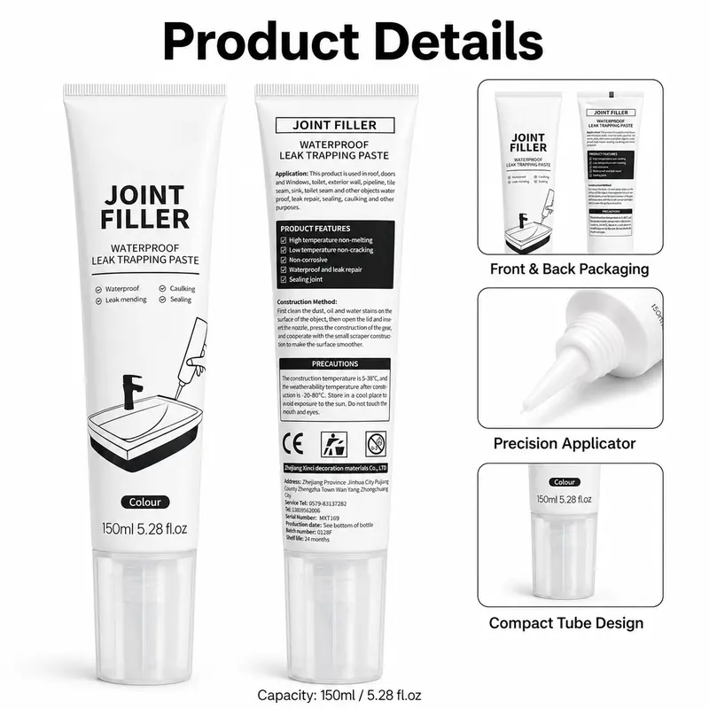 Waterproof Caulk Paste Joint Filler,150ml Sealant for Bathroom, Kitchen, with Masking Tape and Scraper