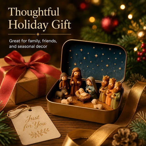 Religious Pocket-Size Mini Nativity Scene Set with Storage Box, Hand-Painted Plastic Figurines