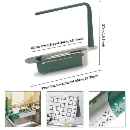 PP Thick Sink Organizer, Retractable Telescopic Adjustable Kitchen Storage Caddy with Cloth Hanging Rod & Hollow Drainage Side Boards