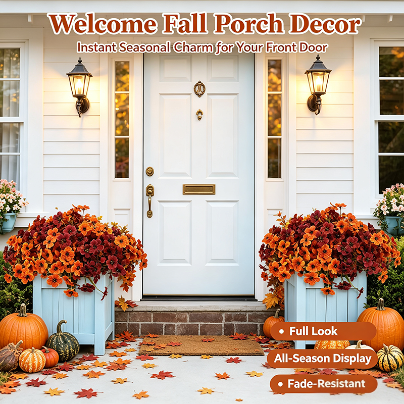 4Pcs Colorful Fall Fake Flowers - UV Resistant Artificial Outdoor Plants for Halloween Porch Decor