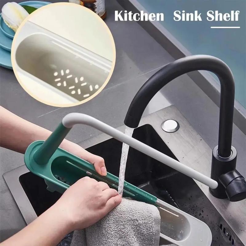 PP Thick Sink Organizer, Retractable Telescopic Adjustable Kitchen Storage Caddy with Cloth Hanging Rod & Hollow Drainage Side Boards