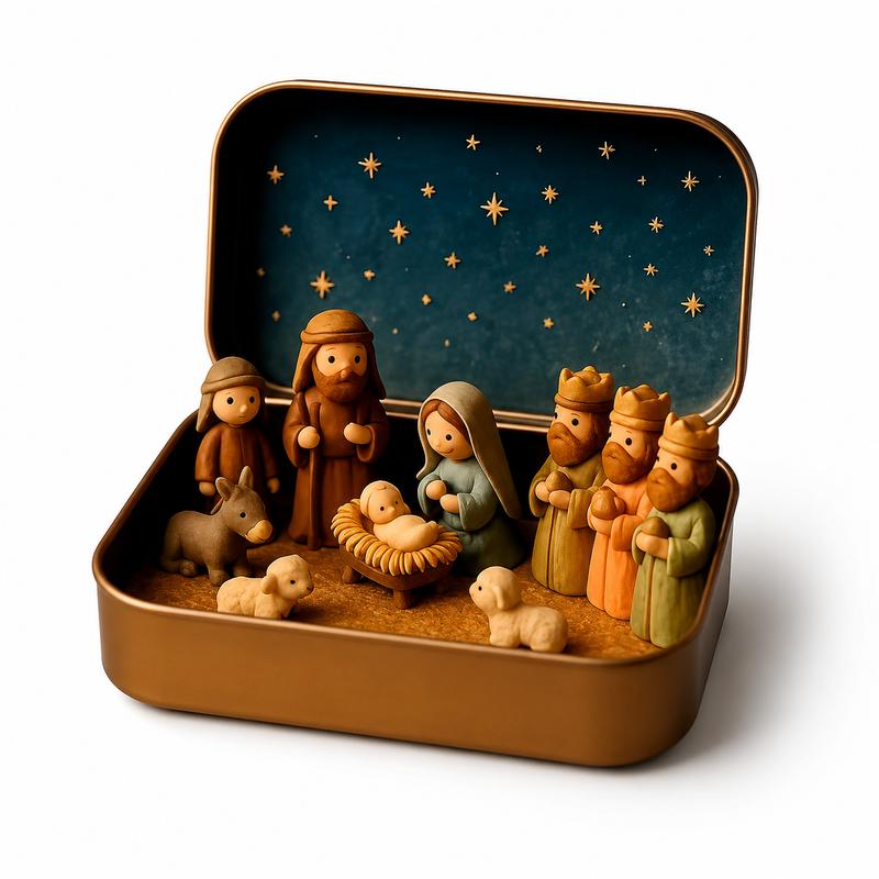 Religious Pocket-Size Mini Nativity Scene Set with Storage Box, Hand-Painted Plastic Figurines