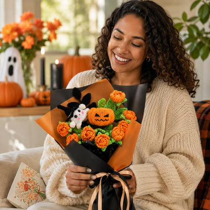 Handmade Crochet Flowers Bouquet Halloween Gift Pumpkin Ghost Bouquet Halloween Decor Gift for Her Friend Gift Forever Flowers Handmade Halloween Decoration