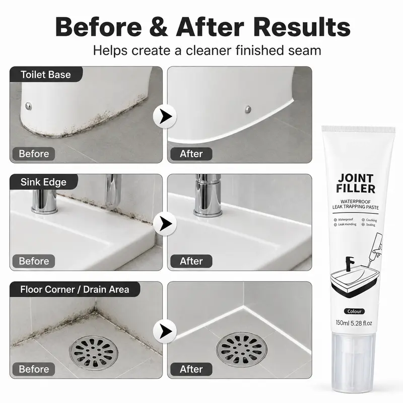Waterproof Caulk Paste Joint Filler,150ml Sealant for Bathroom, Kitchen, with Masking Tape and Scraper