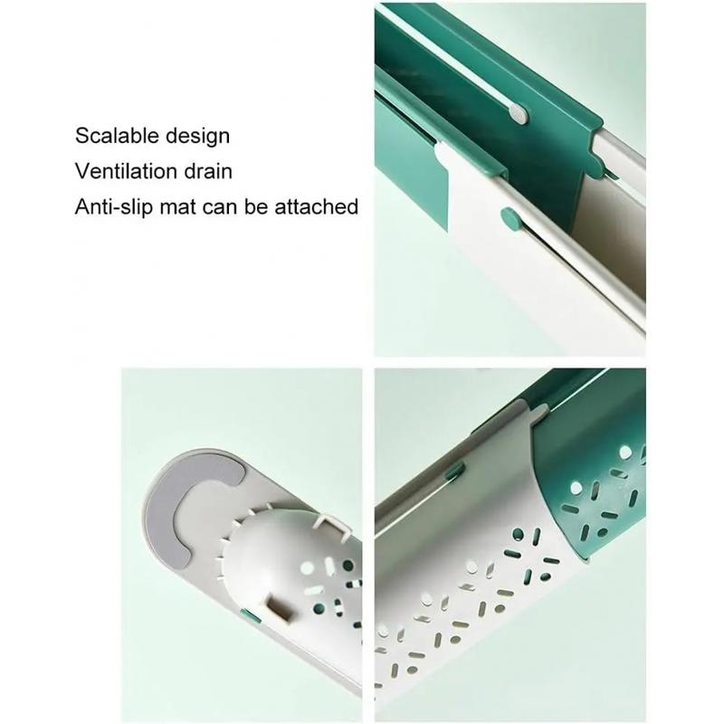 PP Thick Sink Organizer, Retractable Telescopic Adjustable Kitchen Storage Caddy with Cloth Hanging Rod & Hollow Drainage Side Boards