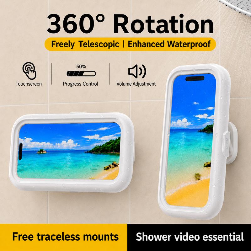 Waterproof Shower Phone Holder for Bathrooms, 360° Smooth Rotation, Anti-Fog Case, Responsive Full HD Touchscreen