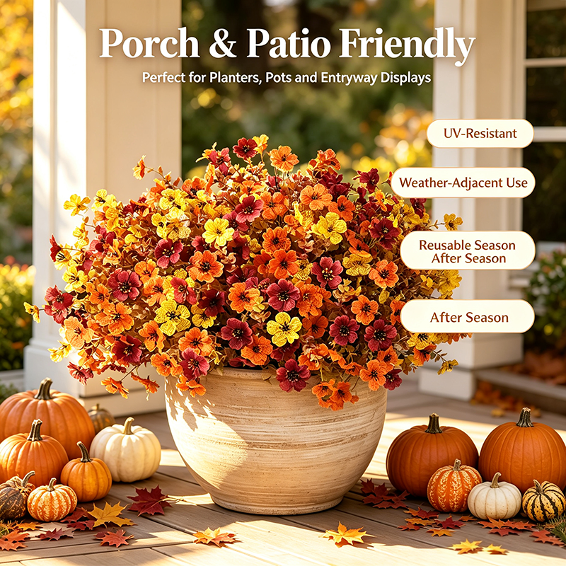 4Pcs Colorful Fall Fake Flowers - UV Resistant Artificial Outdoor Plants for Halloween Porch Decor