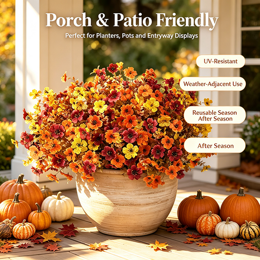 4Pcs Colorful Fall Fake Flowers - UV Resistant Artificial Outdoor Plants for Halloween Porch Decor