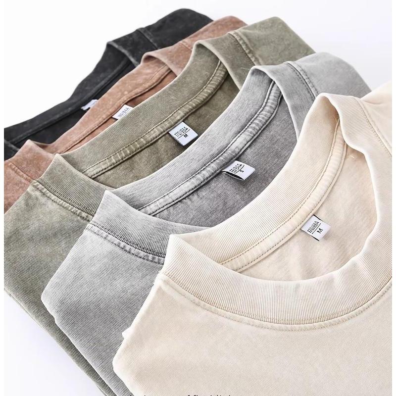 Distressed Washed Cotton 4-Pack Tees Breathable Sports Couples Plain Short Sleeve Black Cream