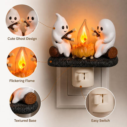 3D Flickering Campfire Plug-In Night Light, Halloween & Christmas Character LED Nightlight, Cute Indoor Holiday Decoration for Bedroom, Hallway and Gifts, Resin