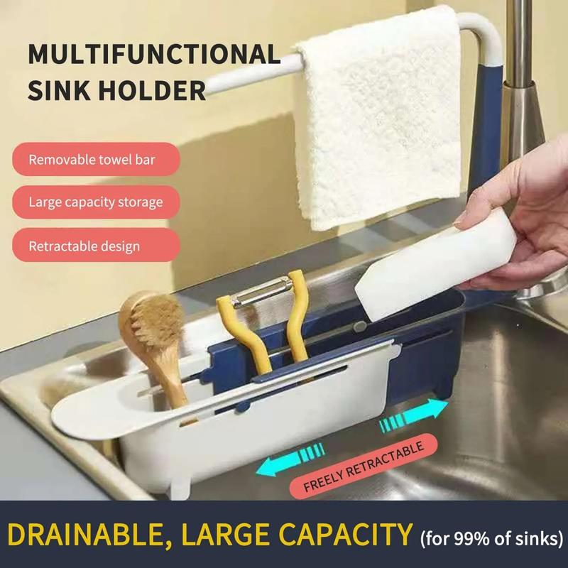 PP Thick Sink Organizer, Retractable Telescopic Adjustable Kitchen Storage Caddy with Cloth Hanging Rod & Hollow Drainage Side Boards