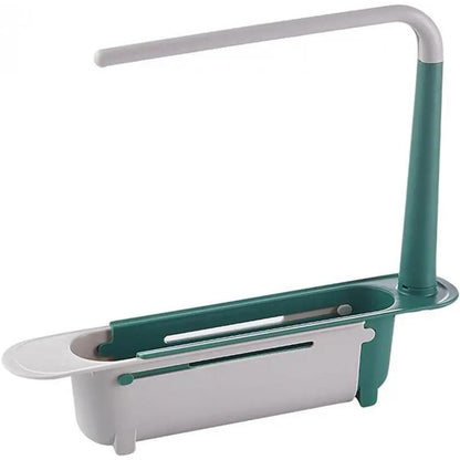 PP Thick Sink Organizer, Retractable Telescopic Adjustable Kitchen Storage Caddy with Cloth Hanging Rod & Hollow Drainage Side Boards