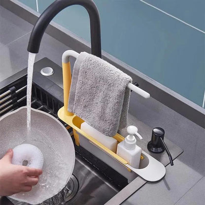 PP Thick Sink Organizer, Retractable Telescopic Adjustable Kitchen Storage Caddy with Cloth Hanging Rod & Hollow Drainage Side Boards