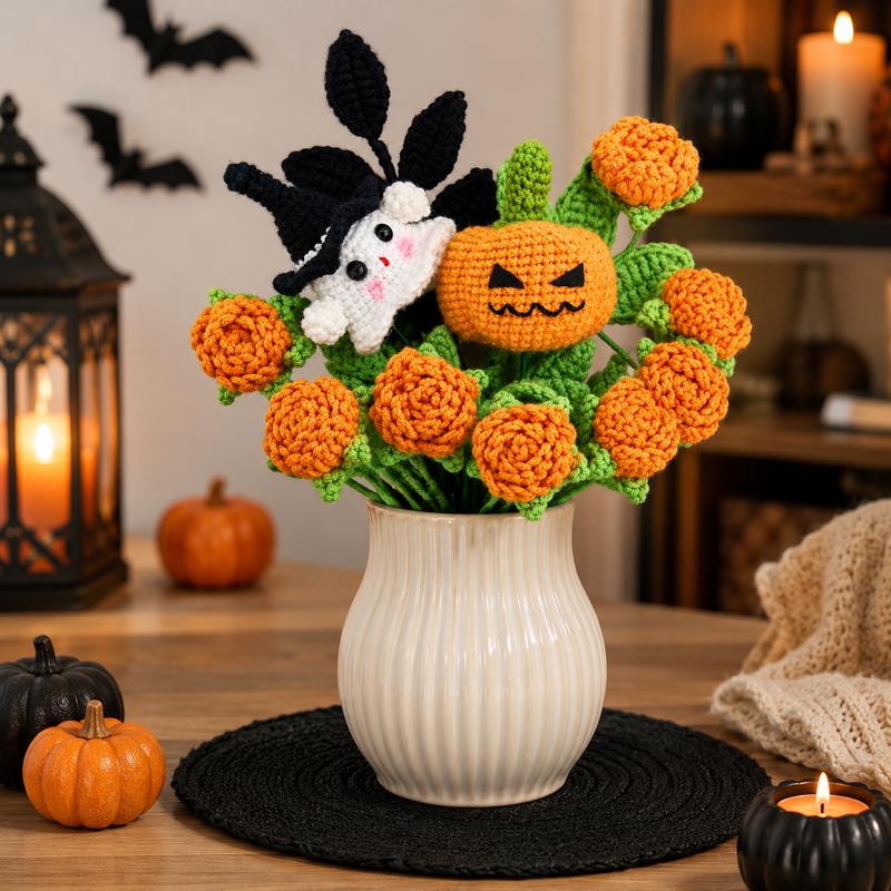 Handmade Crochet Flowers Bouquet Halloween Gift Pumpkin Ghost Bouquet Halloween Decor Gift for Her Friend Gift Forever Flowers Handmade Halloween Decoration