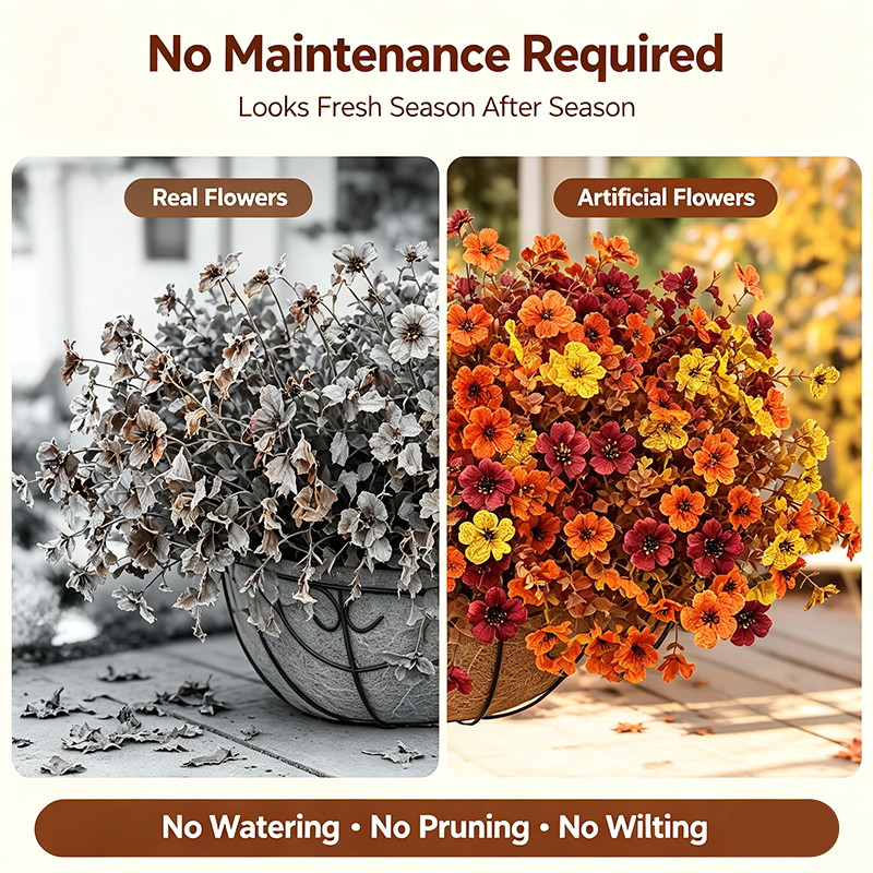 4Pcs Colorful Fall Fake Flowers - UV Resistant Artificial Outdoor Plants for Halloween Porch Decor