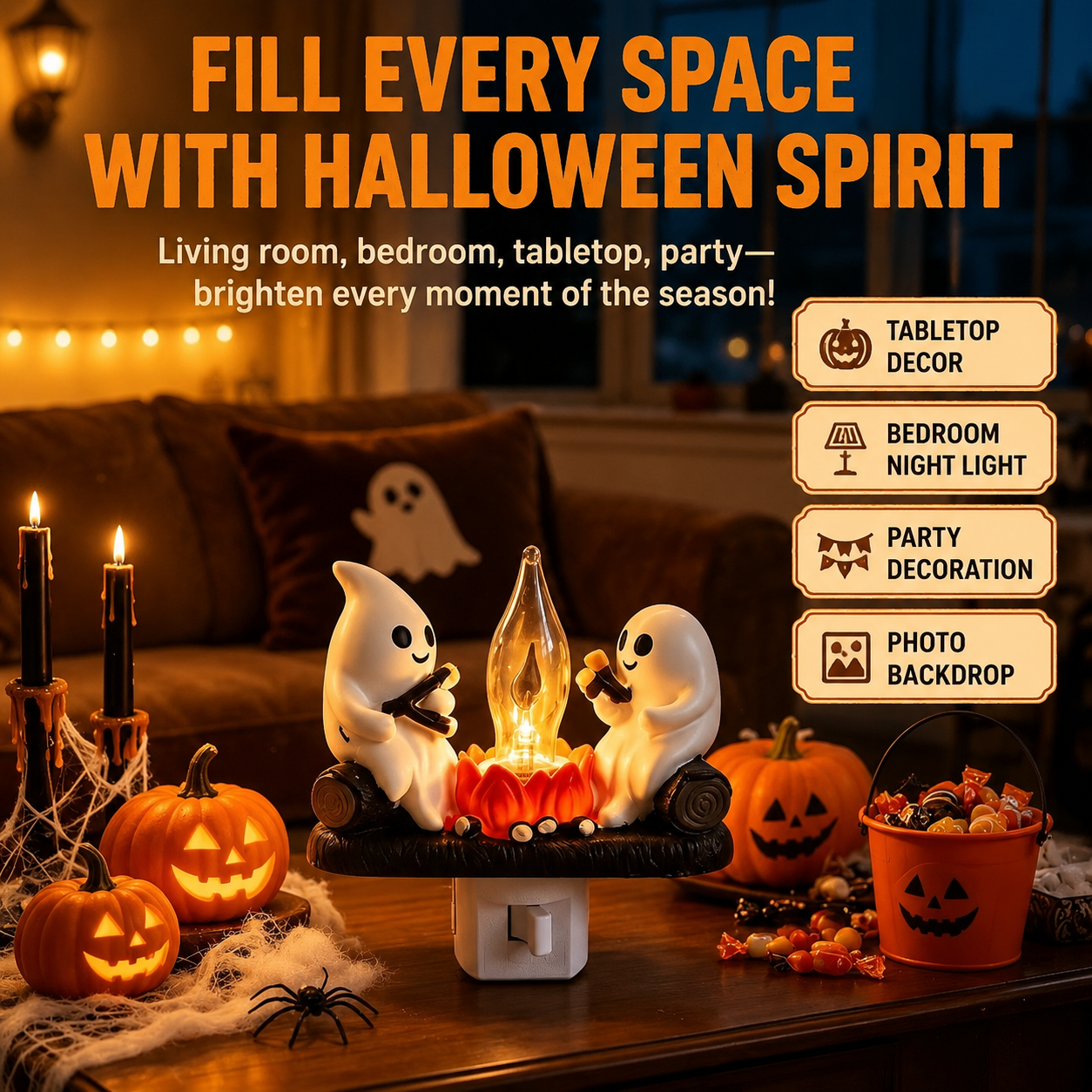 3D Flickering Campfire Plug-In Night Light, Halloween & Christmas Character LED Nightlight, Cute Indoor Holiday Decoration for Bedroom, Hallway and Gifts, Resin
