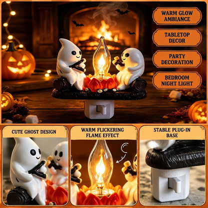 3D Flickering Campfire Plug-In Night Light, Halloween & Christmas Character LED Nightlight, Cute Indoor Holiday Decoration for Bedroom, Hallway and Gifts, Resin