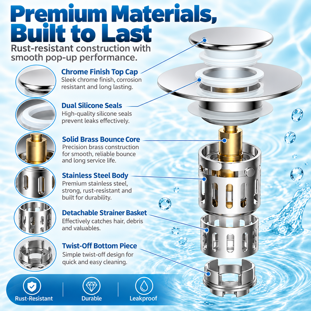 Upgraded 3-in-1 Bathroom Accessories Set, Drain Bathroom Fixture Accessories with Universal Pop-Up Stopper, Removable Basket, Brass Bullet Core Plug