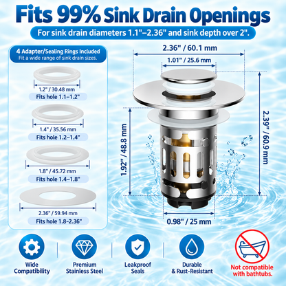 Upgraded 3-in-1 Bathroom Accessories Set, Drain Bathroom Fixture Accessories with Universal Pop-Up Stopper, Removable Basket, Brass Bullet Core Plug