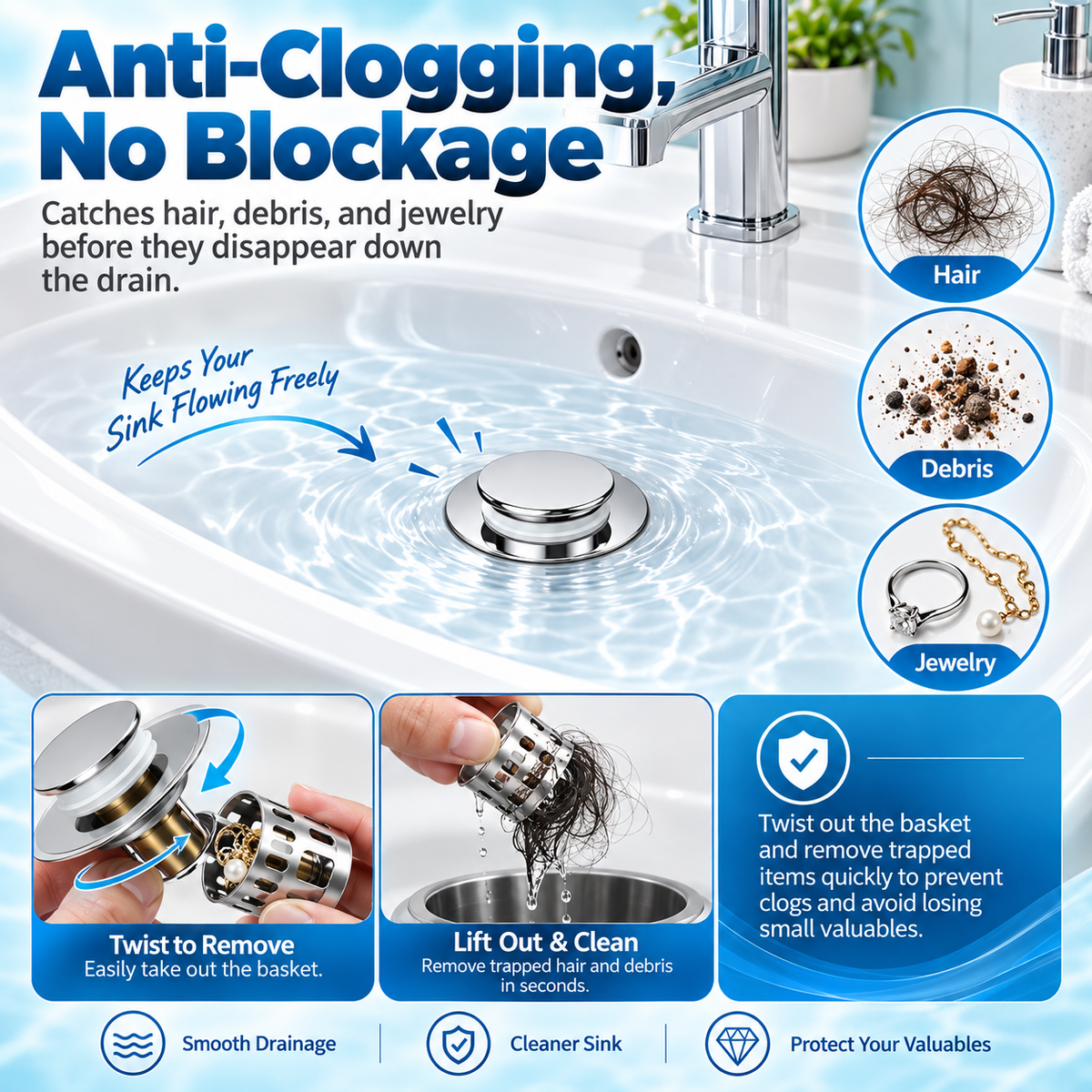 Upgraded 3-in-1 Bathroom Accessories Set, Drain Bathroom Fixture Accessories with Universal Pop-Up Stopper, Removable Basket, Brass Bullet Core Plug