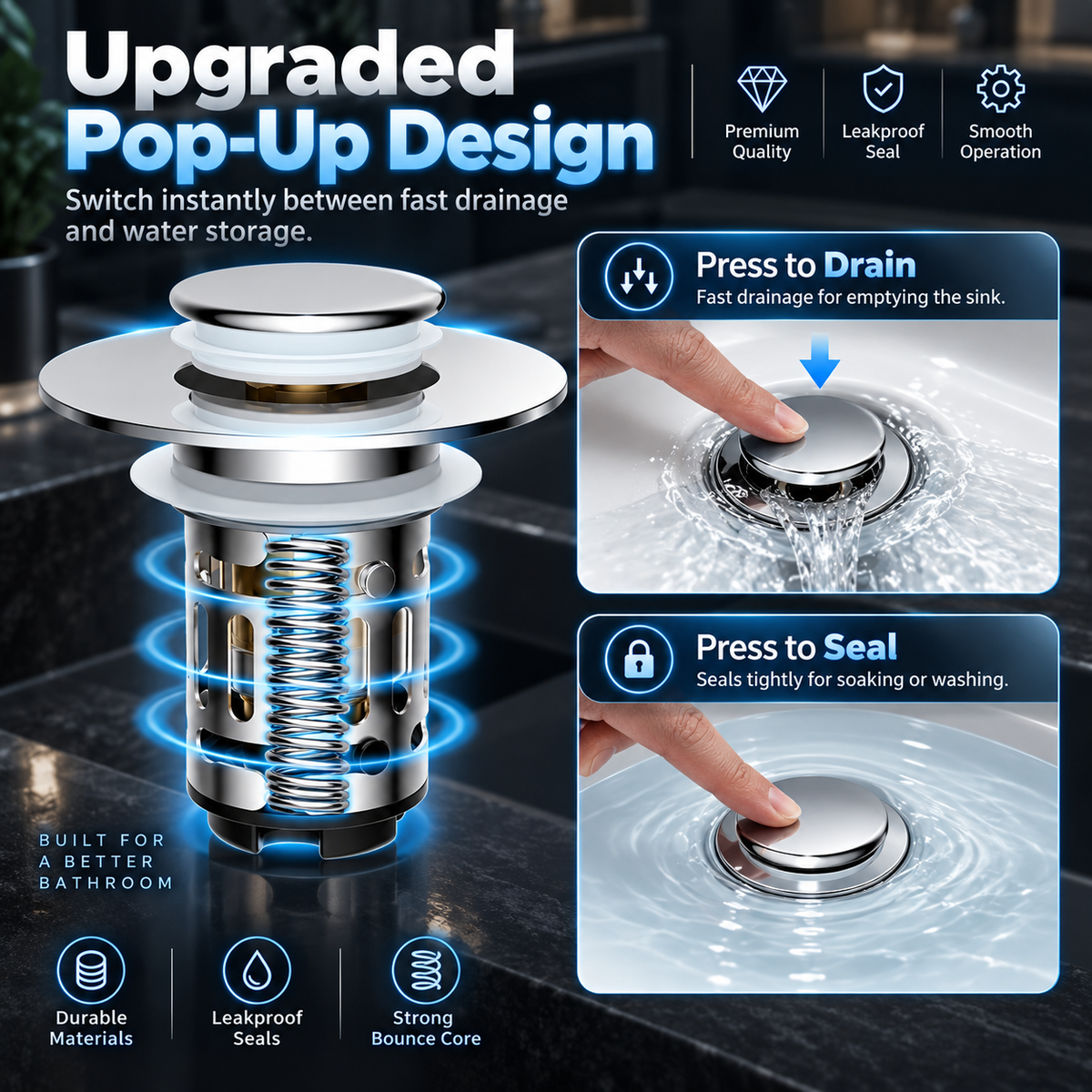 Upgraded 3-in-1 Bathroom Accessories Set, Drain Bathroom Fixture Accessories with Universal Pop-Up Stopper, Removable Basket, Brass Bullet Core Plug
