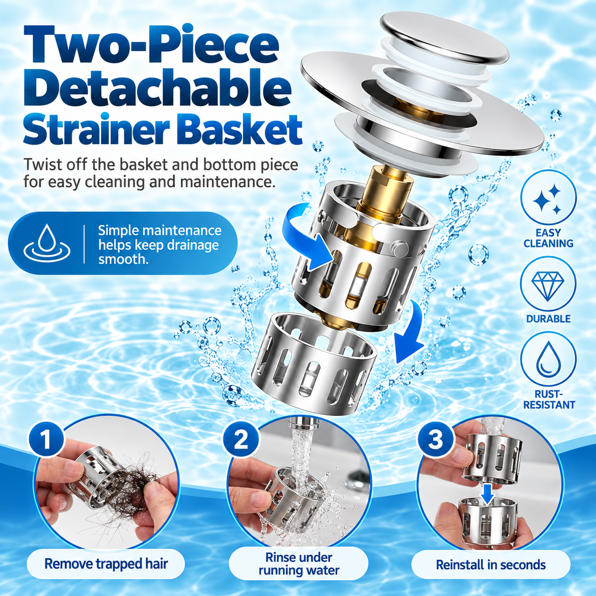 Upgraded 3-in-1 Bathroom Accessories Set, Drain Bathroom Fixture Accessories with Universal Pop-Up Stopper, Removable Basket, Brass Bullet Core Plug