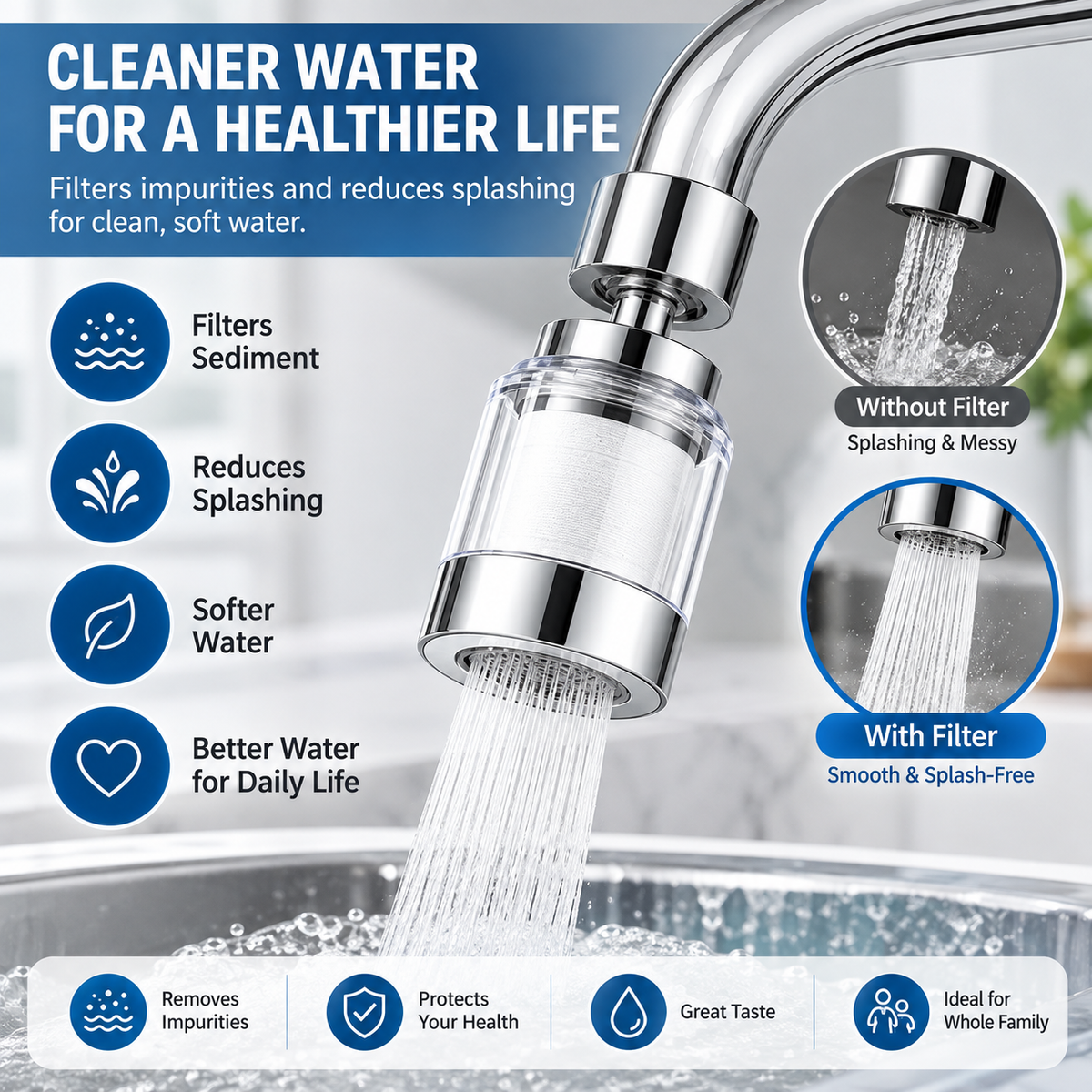 Faucet Water Filter for Sink  Splash-Proof Tap Filter for Kitchen & Bathroom