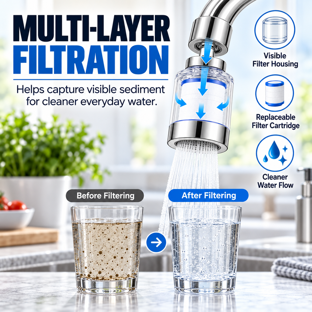 Faucet Water Filter for Sink  Splash-Proof Tap Filter for Kitchen & Bathroom