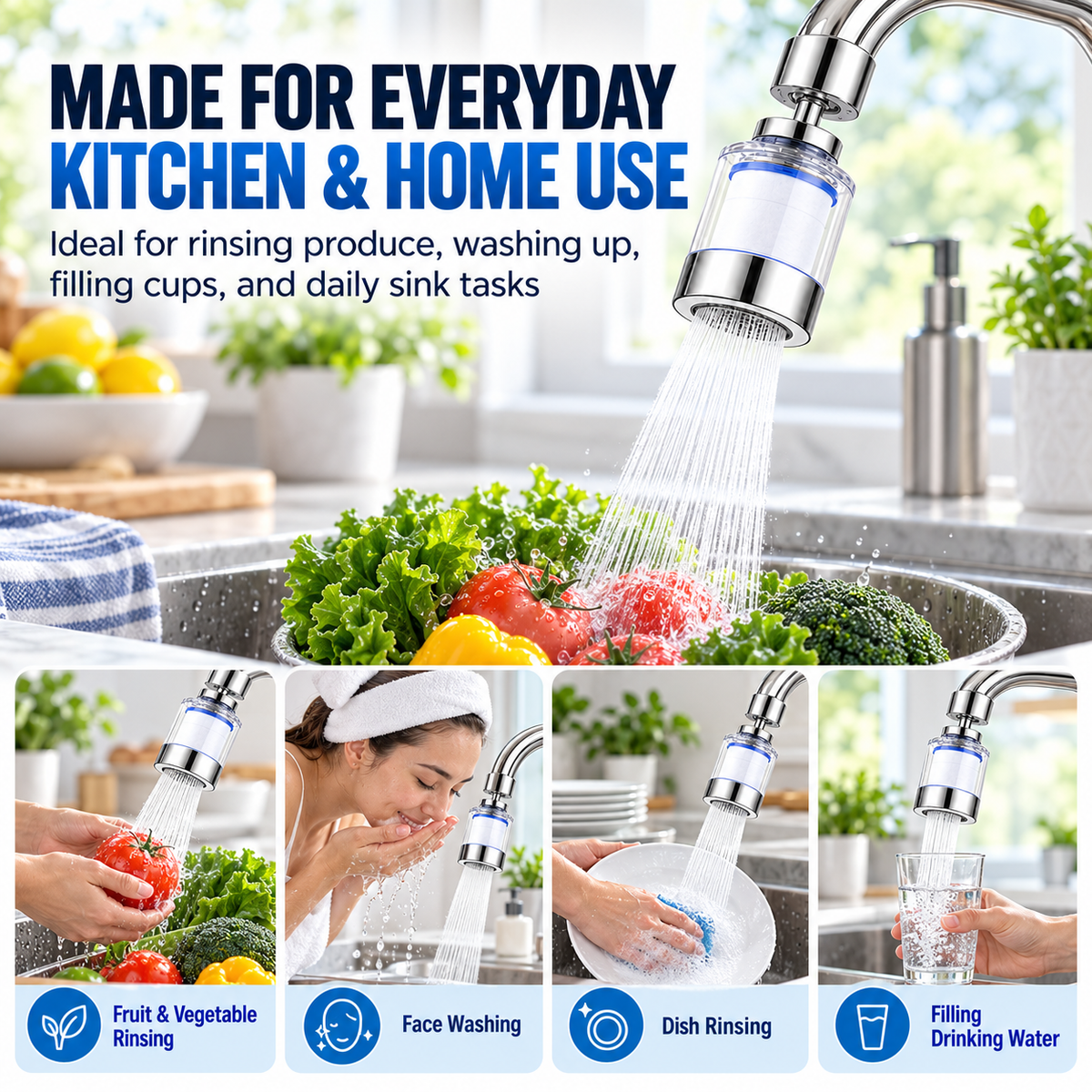 Faucet Water Filter for Sink  Splash-Proof Tap Filter for Kitchen & Bathroom