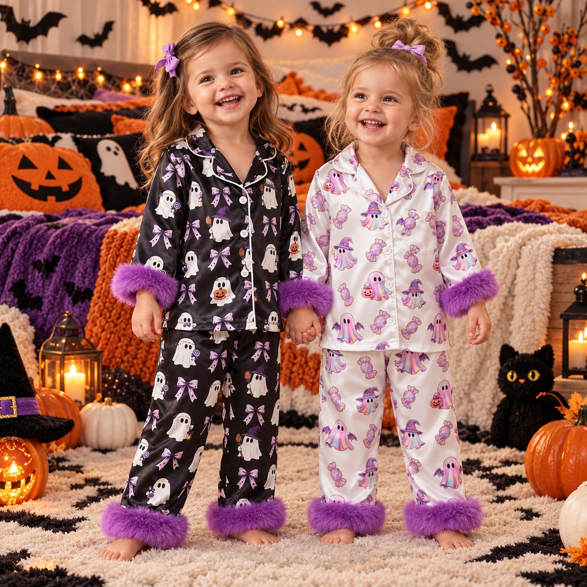 Toddler Halloween Pajamas Baby Girl Pajamas Ghost Print Feather Trim Sleeve Jumpsuit Romper Satin Nightgown Pjs Sleepwear
