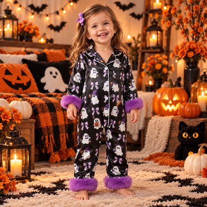 Toddler Halloween Pajamas Baby Girl Pajamas Ghost Print Feather Trim Sleeve Jumpsuit Romper Satin Nightgown Pjs Sleepwear