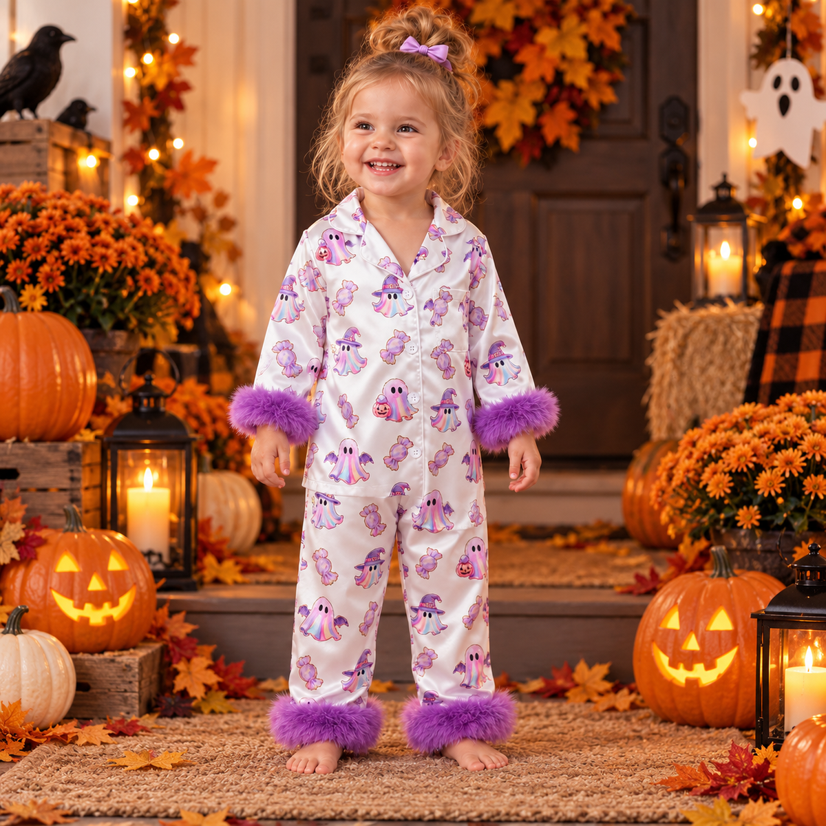 Toddler Halloween Pajamas Baby Girl Pajamas Ghost Print Feather Trim Sleeve Jumpsuit Romper Satin Nightgown Pjs Sleepwear