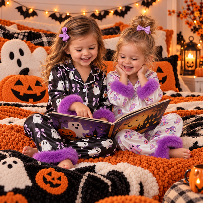 Toddler Halloween Pajamas Baby Girl Pajamas Ghost Print Feather Trim Sleeve Jumpsuit Romper Satin Nightgown Pjs Sleepwear