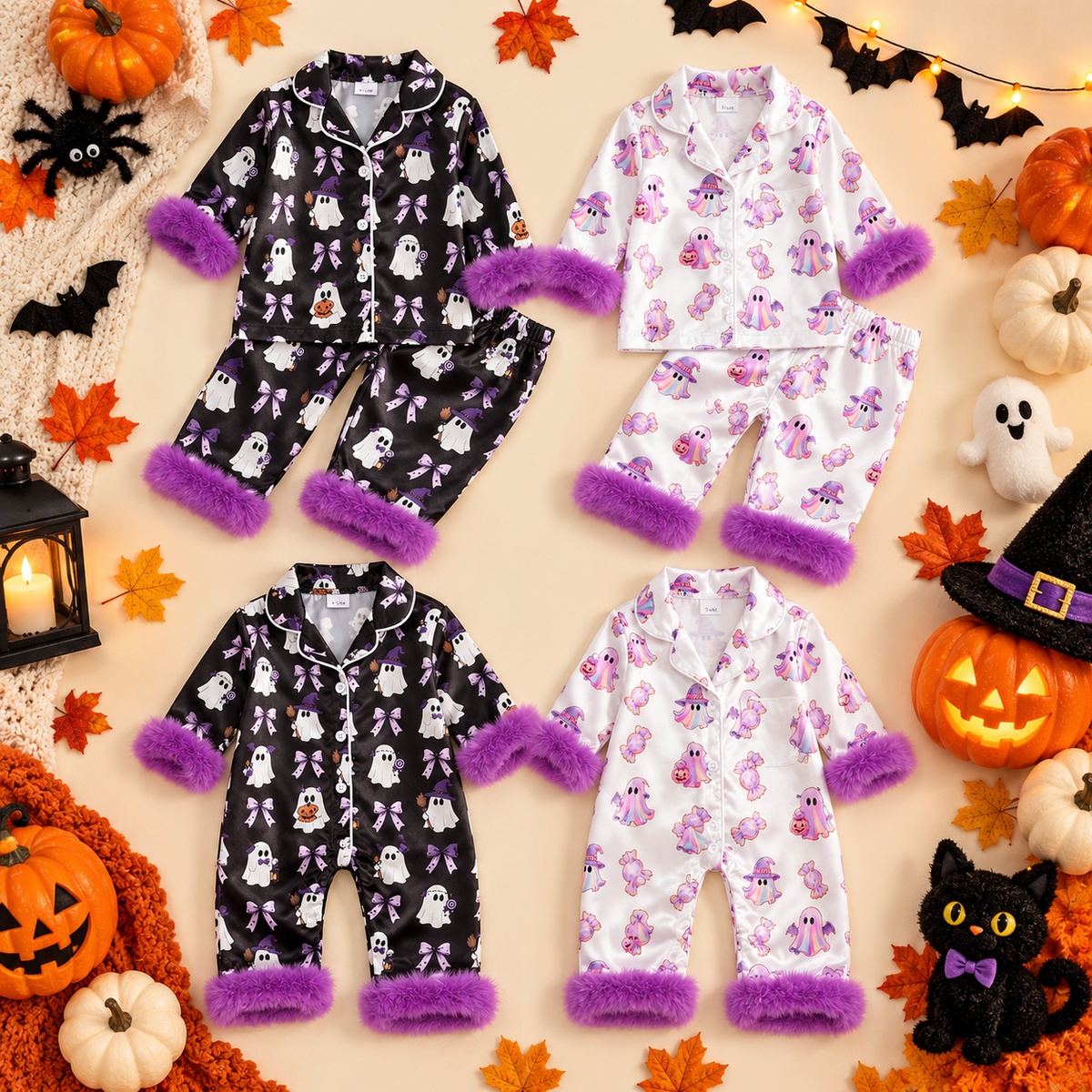 Toddler Halloween Pajamas Baby Girl Pajamas Ghost Print Feather Trim Sleeve Jumpsuit Romper Satin Nightgown Pjs Sleepwear