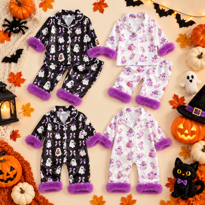 Toddler Halloween Pajamas Baby Girl Pajamas Ghost Print Feather Trim Sleeve Jumpsuit Romper Satin Nightgown Pjs Sleepwear