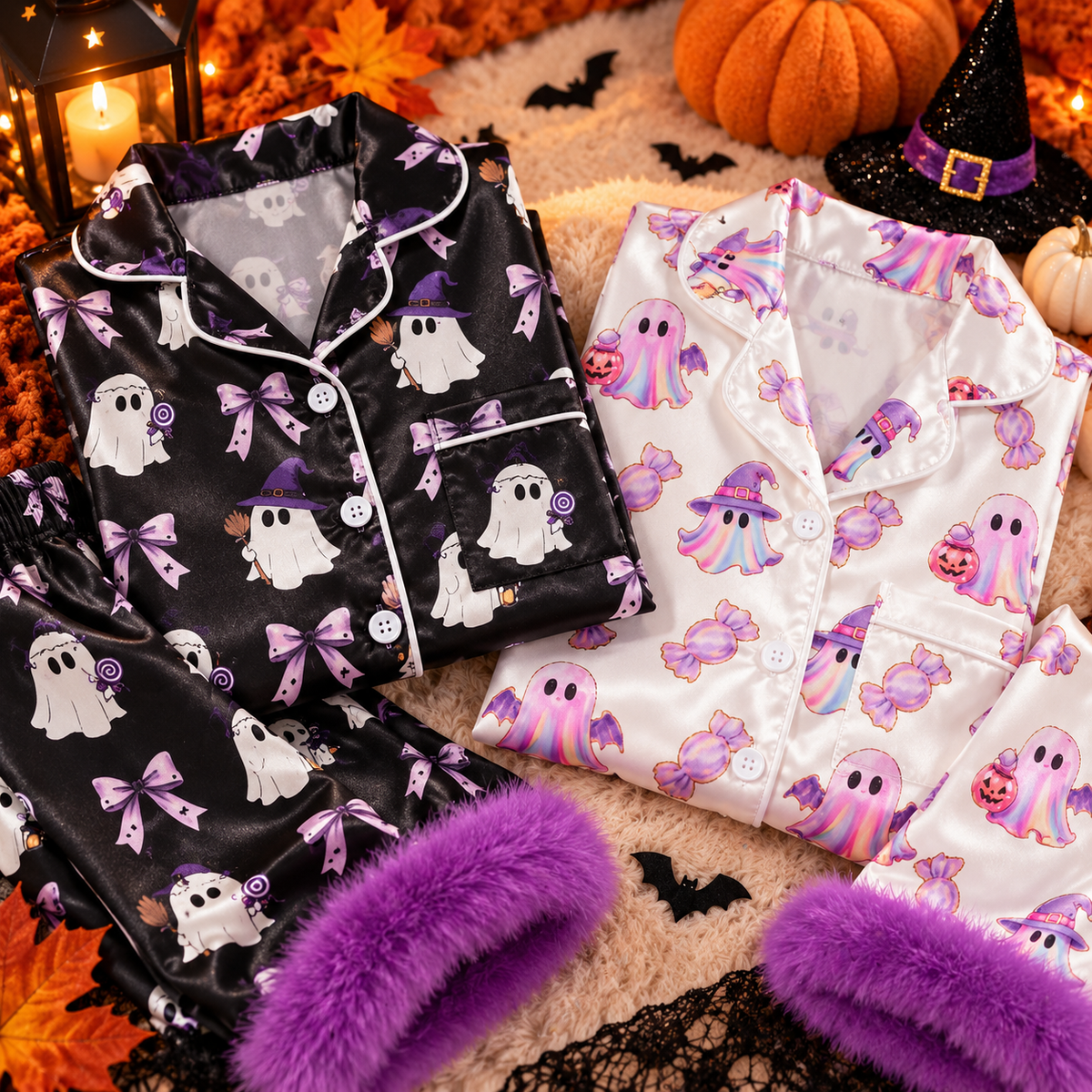 Toddler Halloween Pajamas Baby Girl Pajamas Ghost Print Feather Trim Sleeve Jumpsuit Romper Satin Nightgown Pjs Sleepwear