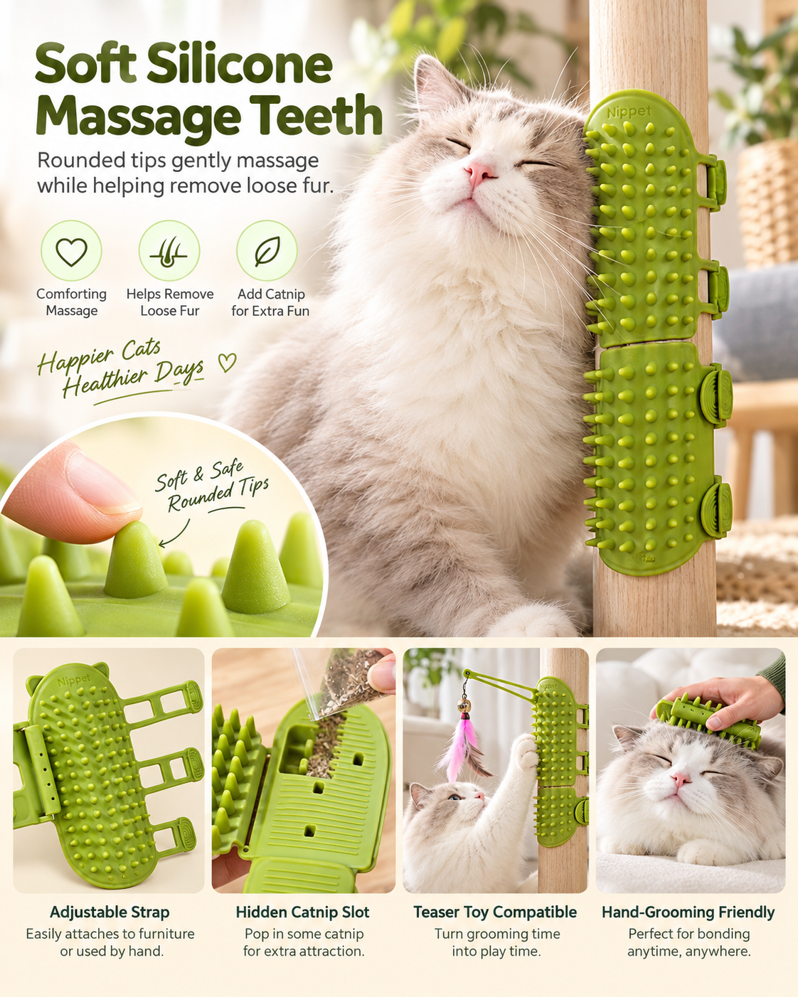 "Say goodbye to cat hair with this self-cleaning grooming comb!  Keep your furry friend happy and your home hair-free. Perfect for scratching and rubbing. Get yours now!