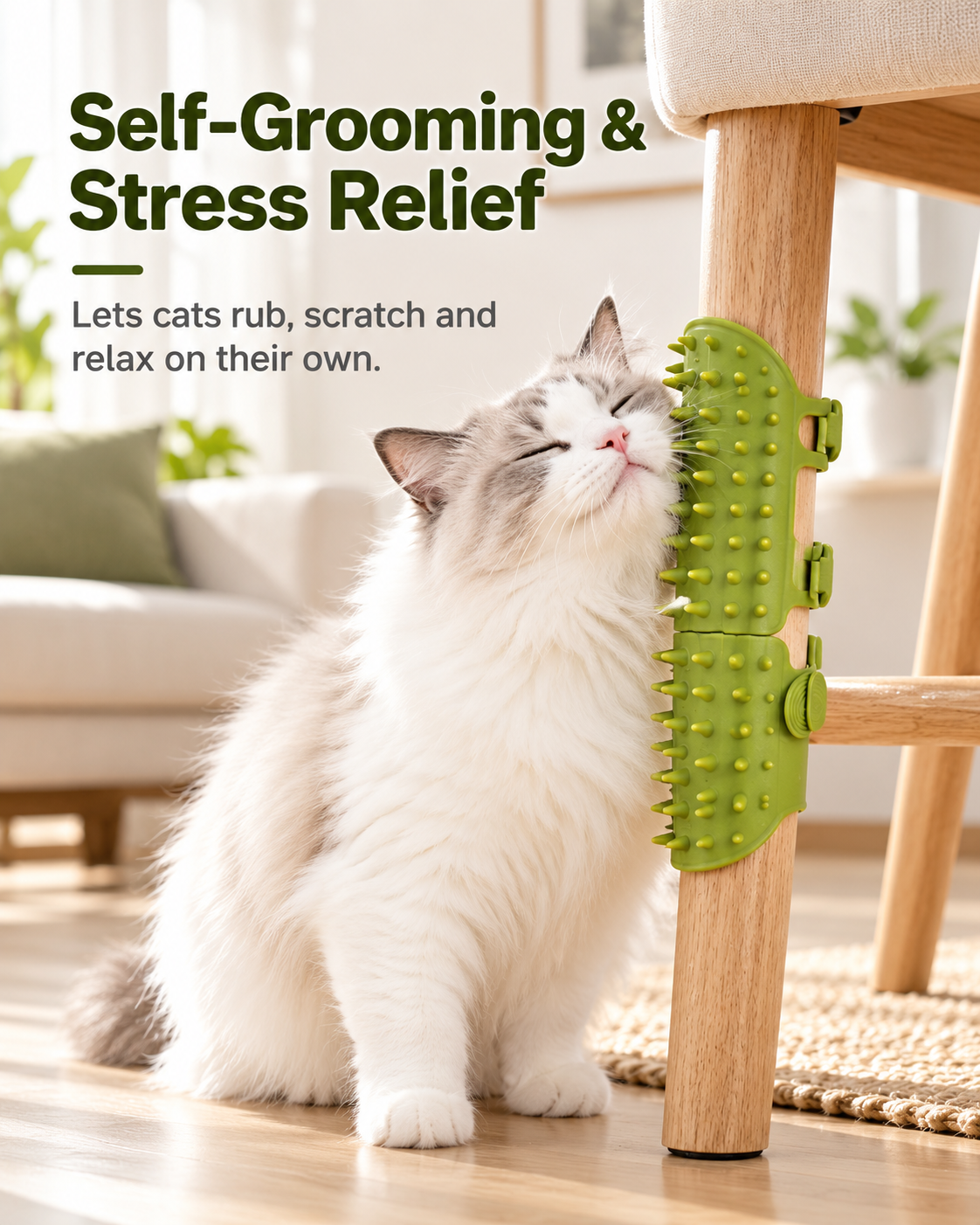 "Say goodbye to cat hair with this self-cleaning grooming comb!  Keep your furry friend happy and your home hair-free. Perfect for scratching and rubbing. Get yours now!