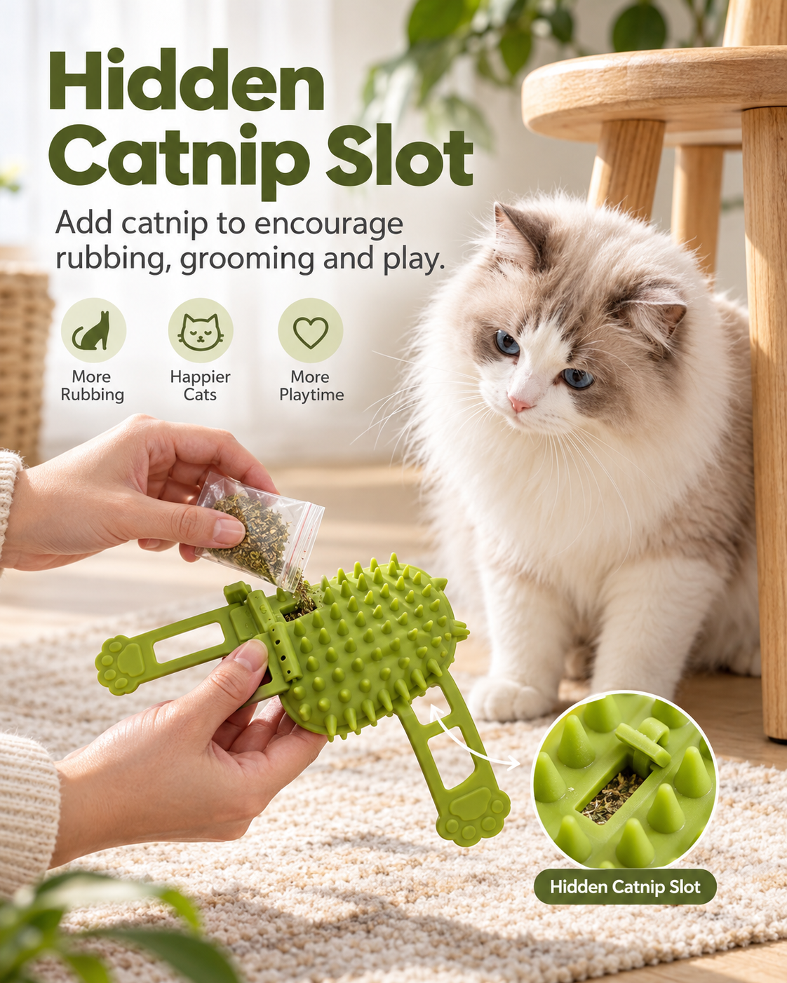 "Say goodbye to cat hair with this self-cleaning grooming comb!  Keep your furry friend happy and your home hair-free. Perfect for scratching and rubbing. Get yours now!